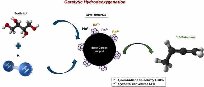 Erythritol is Used for the Catalytic Hydrodeoxygenation Reaction to Synthesize 1,3-Butadiene